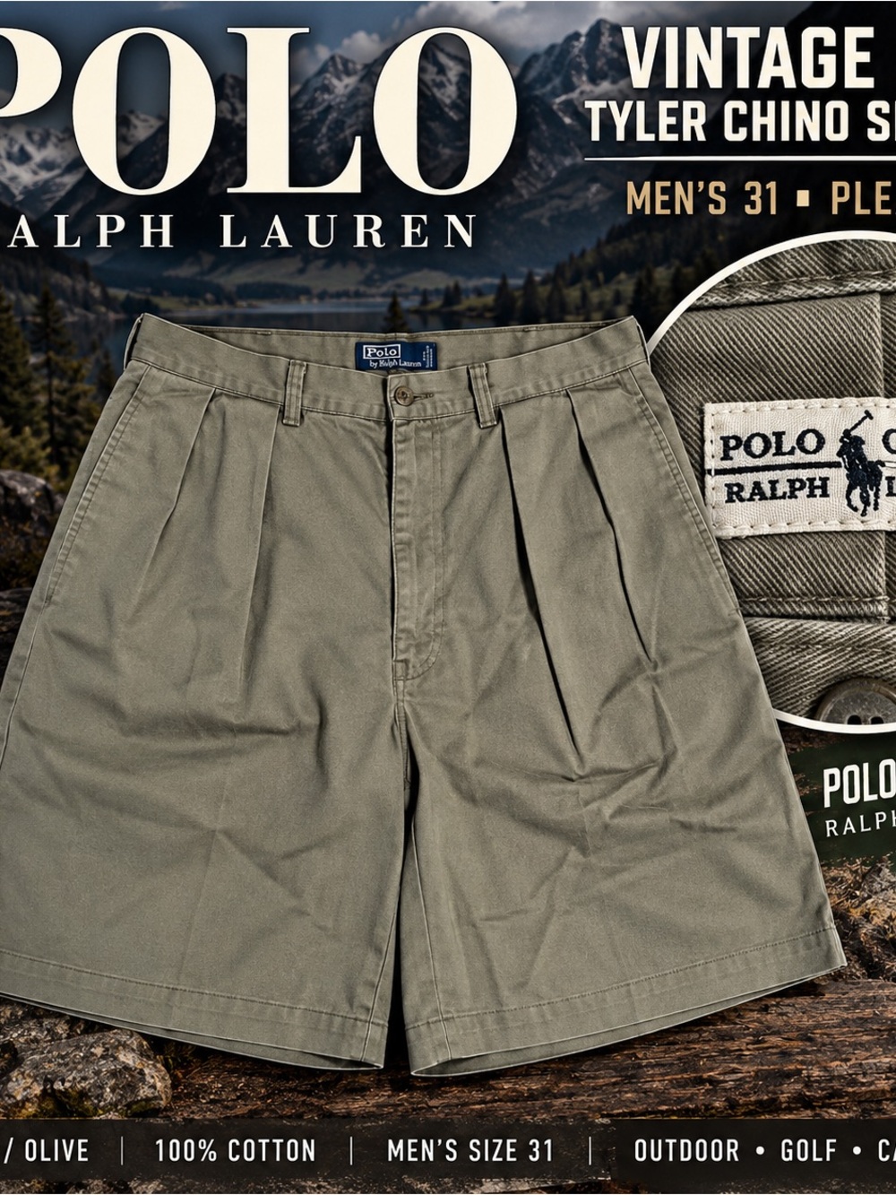 Vintage 90s Polo Ralph Lauren Tyler Chino Shorts Mens 31 Pleated Khaki